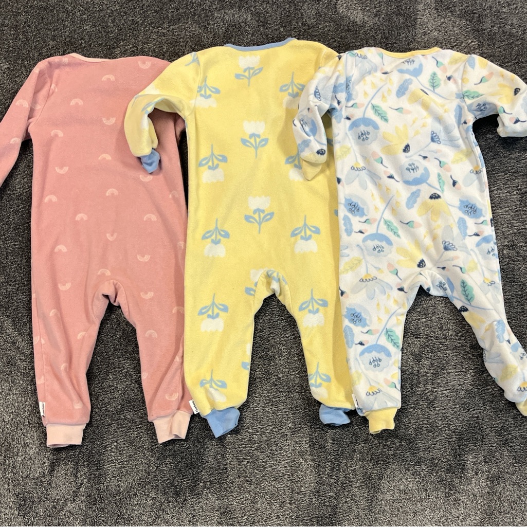 Gerber One Piece Footies - Pink, Yellow, And Blue Patterns, 3 Pack, No Feet